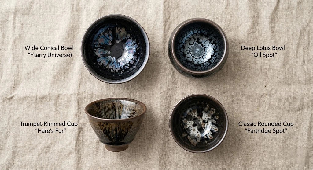 jianzhan tenmoku cup shapes and glazes flatlay