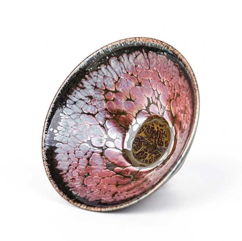 Red Purple Flower Gold Oil Spot Convergent Tenmoku Tea Cup Handmade 1